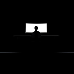 Person sitzt vor Bildschirm in dunklem Raum allein und depressiv und ist im Internet