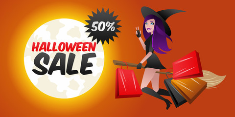 Sexy witch flying on halloween broom with purchases and gifts from store sale.