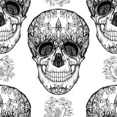 Seamless pattern, background with sugar  skull and floral pattern. Outline drawing. Stock line vector illustration.