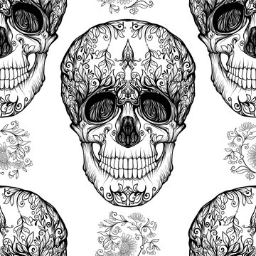 Seamless pattern, background with sugar  skull and floral pattern. Outline drawing. Stock line vector illustration.

