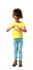 Cute little African girl on white background