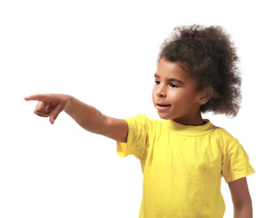 Cute little African girl on white background