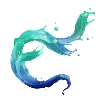 3d render, digital illustration, abstract dynamic liquid splash, paint splashing, colorful wave, fashion background, mint blue emerald green, artistic clip art element isolated on white