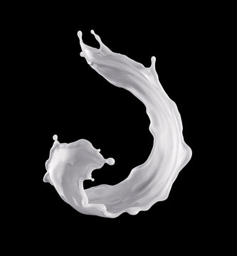 3d render, digital illustration, milk, dynamic liquid splash, white wave, isolated on black background