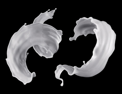 3d render, digital illustration, milk, spiral liquid splash set, clip art elements, white waves, isolated on black background