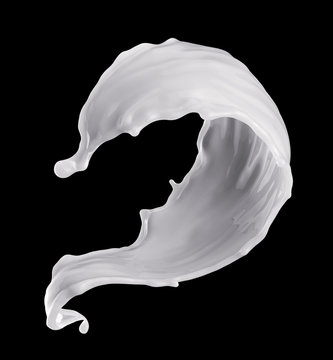 3d render, digital illustration, milk, dynamic liquid splash, white wave, isolated on black background