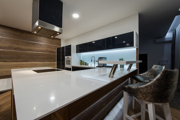 White empty counter top in modern kitchen interior