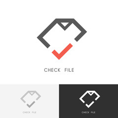 Check file logo - page or document with red checkmark or tick symbol. Business, contract and agreement vector icon.