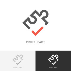 Right part logo - puzzle piece with red check mark or tick symbol. Jigsaw, detail or element vector icon. - obrazy, fototapety, plakaty