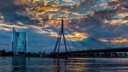 Cable-stayed bridge across Daugava river in Riga, Latvia.