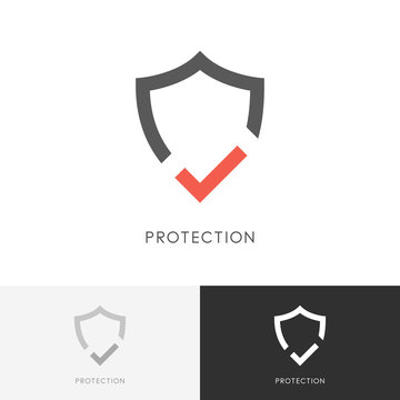 Safe protection logo - shield and red check mark or tick symbol. Defense, security and safety vector icon.