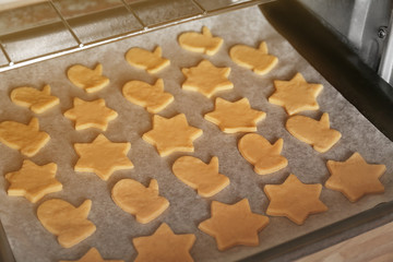 Baking tray with Christmas raw cookies
