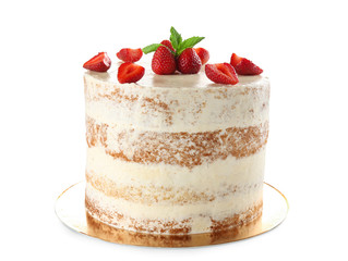 Delicious cake with strawberries on white background