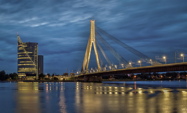 Cable-stayed bridge across Daugava river in Riga, Latvia. © juriskraulis