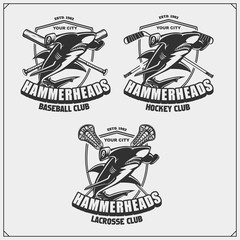 Football, baseball, lacrosse and hockey logos and labels. Sport club emblems with hammerhead shark. - obrazy, fototapety, plakaty