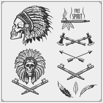 Set of american indian labels, badges, emblems and design elements.