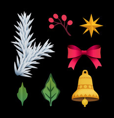 Obraz premium 3d render, Christmas clip art elements, black background, paper cut, festive ornaments, holiday decoration, bell, fir, bow, star, leaves