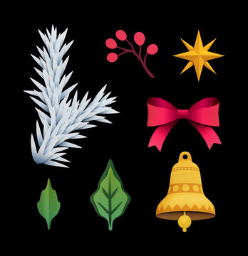 3d render, Christmas clip art elements, black background, paper cut, festive ornaments, holiday decoration, bell, fir, bow, star, leaves