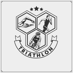 Set of triathlon emblem. Swimming, cycling and running.