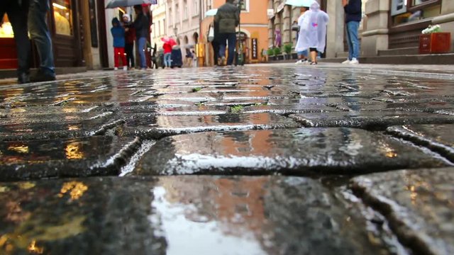 People walking on wet paving stones in rainy day in old town of Prague, Czech Republic