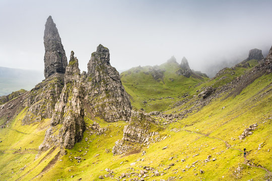 View of Old Man of Storr rock formation against cloudy sky, Skye, Hebrides