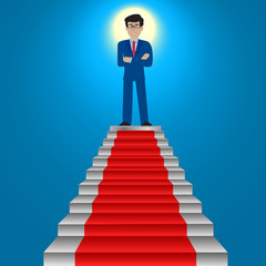 Businessman standing on stairs with blue background, Successful businessman concept. vector illustration