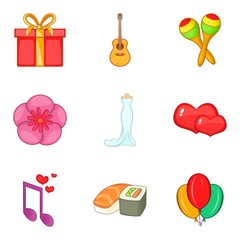 Musical gift icons set, cartoon style
