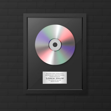 Realistic Vector Cd And Label In Glossy Black Frame Icon Closeup On Black Brick Wall Background. Single Album Disc Award. Design Template. Stock Vector Mockup. EPS10.