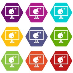 Bomb on computer monitor icon set color hexahedron