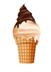 ice cream in a waffle horn and chocolate syrup. Vector illustration
