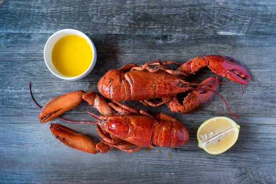 two cooked red lobsters with butter and lemon top view