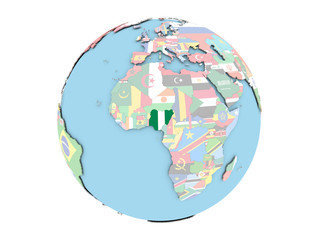 Nigeria on globe isolated