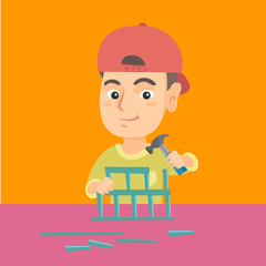 Caucasian happy boy playing with toy constructor and hammer. Little smiling boy repairing a toy with a hammer. Vector sketch cartoon illustration. Square layout.