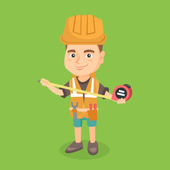 Little caucasian boy in protective hard hat using a measuring tape. Smiling boy in a helmet and vest playing in the builder with a measuring tape. Vector sketch cartoon illustration. Square layout.