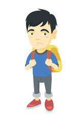 Fototapeta premium Little asian sad schoolboy carrying a backpack. Full length of upset schoolboy with backpack. Vector sketch cartoon illustration isolated on white background.