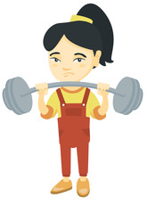 Upset asian child lifting a heavy weight barbell. Little sad girl in sportswear training with barbell. Girl trying to lift a barbell. Vector sketch cartoon illustration isolated on white background.
