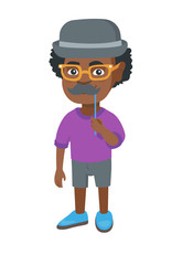 Little african-american boy wearing hat bowler and holding fake moustache on a stick in front of his face. Boy with fake mustache. Vector sketch cartoon illustration isolated on white background.