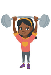 Strong african child lifting a heavy weight barbell. Little girl in sportswear training with barbell. Happy girl holding a barbell. Vector sketch cartoon illustration isolated on white background.