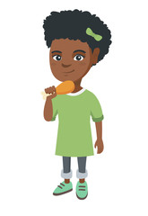 African girl eating roasted chicken leg. Little girl eating fried chicken leg. Full length of happy child holding a chicken drumstick. Vector sketch cartoon illustration isolated on white background.