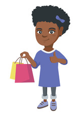 Happy african-american girl holding shopping bags and giving thumb up. Little smiling girl with shopping bags. Vector sketch cartoon illustration isolated on white background.