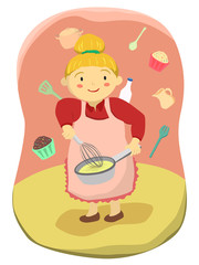 Mama is cooking and mixing cupcakes dough with a whisk.