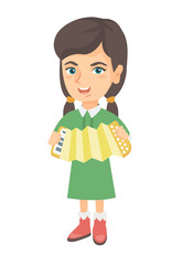 Caucasian smiling girl playing the accordion. Full length of little cheerful girl with the accordion. Vector sketch cartoon illustration isolated on white background.