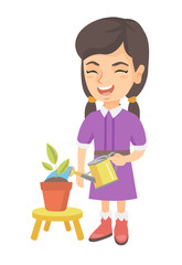 Caucasian girl watering plant with a watering can. Little laughing girl watering a flower growing in a pot. Vector sketch cartoon illustration isolated on white background.
