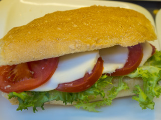 Declious sandwich roll with mozzarella cheese and tomatoes called Caprese