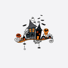 Halloween haunted house doodle vector illustration surrounded by skulls, bats, ghosts, cobwebs and swirls.