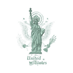 Statue of liberty with coat of arms. Sculpture from the United States of America. Flat vector illustration EPS 10