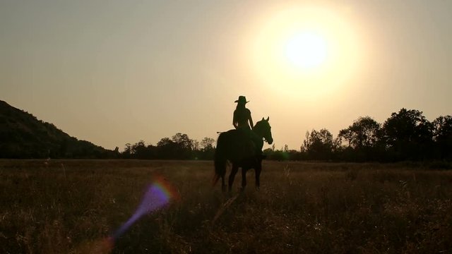 Silhouette of a woman riding a horse in the background sunset or sunrise in the field, slow motion.