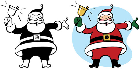 Santa Claus rings a brass Christmas bell.
