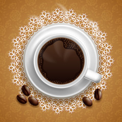 A cup of black coffee with coffee beans on lace doily. Vector Illustration