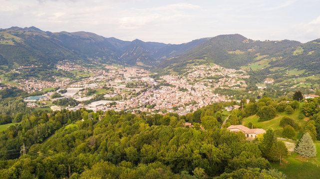 Drone aerial view to the villages of Leffe, Gandino, Casnigo, Peia and Cazzano Sant Andrea, located at Gandino Valley, Bergamo, Italy